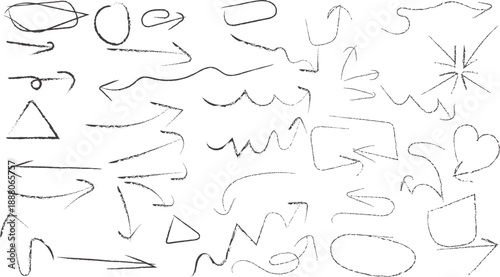 Whimsical Hand-Drawn Scribbles on transparent background . Collection of Artistic Arrows, Geometric Shapes, and Fluid Charcoal Doodles for Creative Design, Visual Storytelling, and Organic Infographic