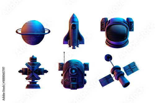 Collection of space exploration themed icons including planets rockets astronaut helmets and satellites.
