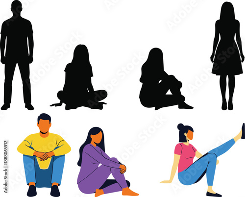 People sitting and standing poses vector illustration with colorful characters and black silhouettes, modern lifestyle design, human posture collection art