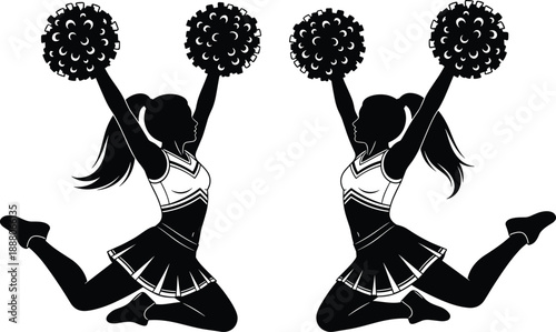 Cheerleader silhouette vector illustration showing energetic girls jumping with pom poms, sports spirit concept, dance performance pose, black figures isolated on white background