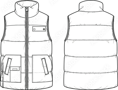 Puffer vest technical flat drawing with zipper front, stand collar and pockets, front and back views, winter outerwear fashion CAD vector illustration