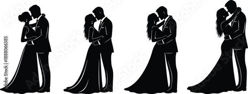 Romantic wedding couple silhouette vector illustration set, bride and groom embracing poses, love and marriage concept, elegant black figures isolated on white background