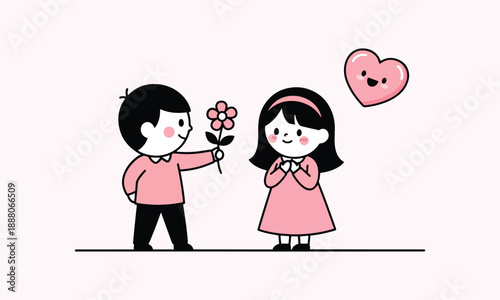 Boy gives flowers to smiling girl with heart symbol on valentine's day