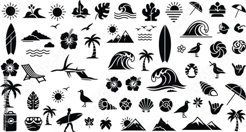 Collection of Summer Beach and Tropical Vacation Icons Keywords: beach, summer, vacation