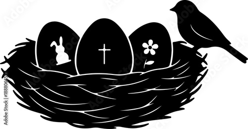 Elegant silhouette of a bird's nest cradling symbolic Easter eggs adorned with a bunny, cross, and flower, accompanied by a perched bird, symbolizing spring and renewal
