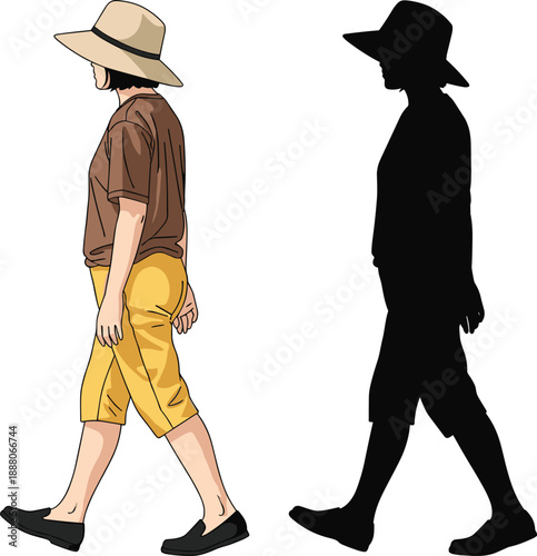Walking man vector illustration with realistic outfit and black silhouette comparison, casual lifestyle pose, side view character design reference art