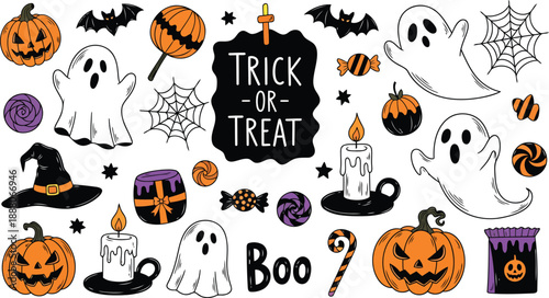 Halloween themed illustration with pumpkins, ghosts, bats and candy holiday celebration