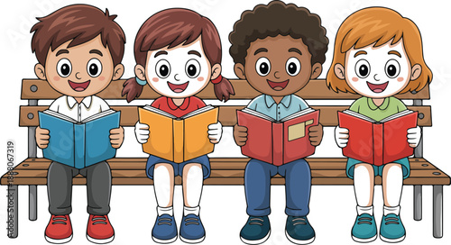 Cute Cartoon Children Outline Icon Set – Sitting on Bench and Reading Books