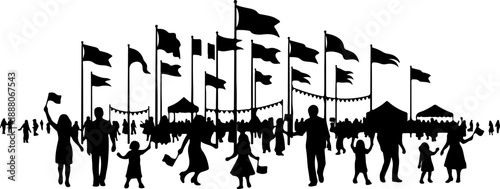 Vibrant Community Gathering Under Waving Flags, Celebrating Together at a Lively Outdoor Event