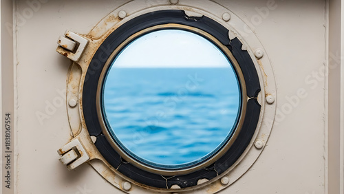 Ship porthole window with ocean view on beige wall