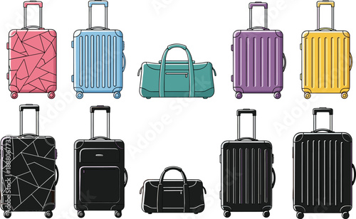 Colorful travel luggage set illustration, rolling suitcases and duffel bags collection, modern baggage icons, flat vector design style