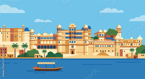 City Palace Udaipur Rajasthan India famous heritage landmark on Lake Pichola banks royal architecture historic tourism destination boat ride sightseeing view scenic.