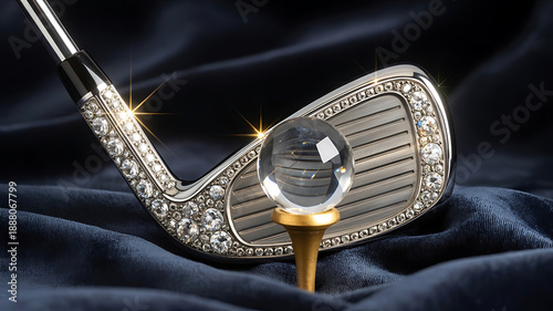 A luxurious golf club with diamonds and a crystal ball on a gold tee against a dark blue fabric background