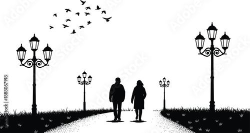 Romantic couple walking in park silhouette, street lamp pathway scene, birds flying sky, peaceful evening nature landscape, black white vector illustration