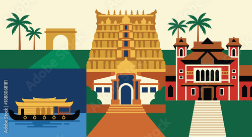 Tableau sur toile Kerala India tourism landmarks Padmanabhaswamy temple houseboat on backwaters coconut trees traditional palace architecture cultural heritage travel scenery art