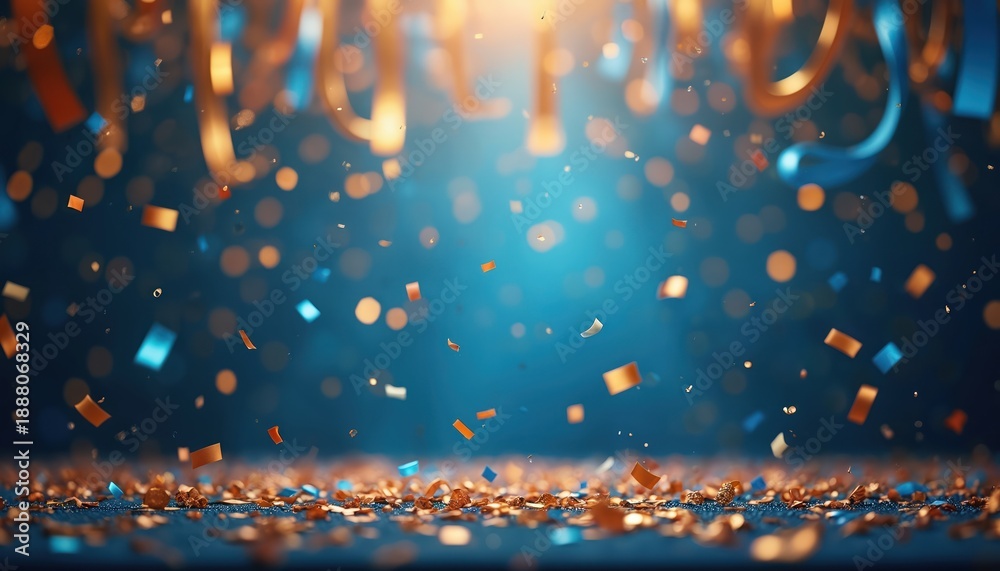 Fototapeta premium Golden and blue ribbons and confetti fall against a bright blue background with bokeh lights. This festive scene evokes joy and celebration, perfect for parties and events.