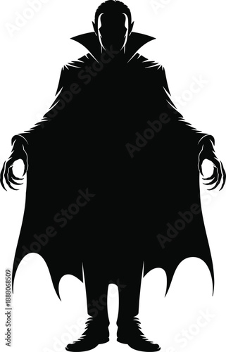 Vampire silhouette illustration, dark gothic character with cloak, horror fantasy monster, Dracula style figure, black and white vector design