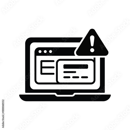 Computer monitor displaying system notification and warning triangle icon representing software error or digital security alert