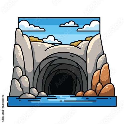 A serene cartoon illustration of a cave entrance surrounded by rocks and water, viewed from outside with a calm sky and clouds above.