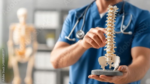 A young orthopedic physician in uniform is employed at a clinic. An osteopath or chiropractor holding a human skeleton's spine