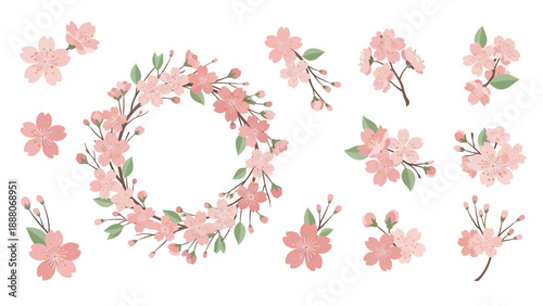 Cherry Blossom Sprigs and Wreath Graphics - Delicate Pink Floral Vector Elements