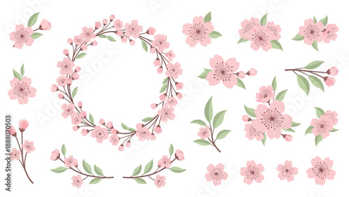 Cherry Blossom Wreath and Sprigs - Pink Flowers Vector Graphics Set