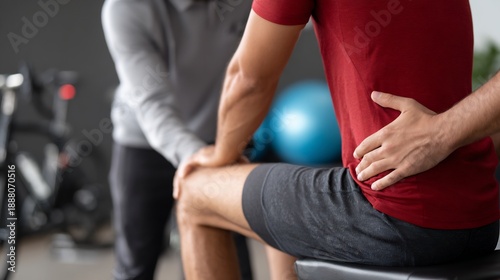 Fotografie Cyclist hip strain doing targeted flexibility exercises under supervision modern