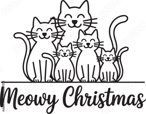 Many cats smiles says meowy christmas greeting under christmas tree shape art