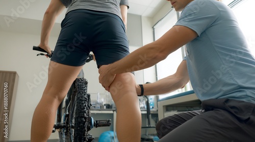 Foto Cyclist hip strain doing targeted flexibility exercises under supervision modern