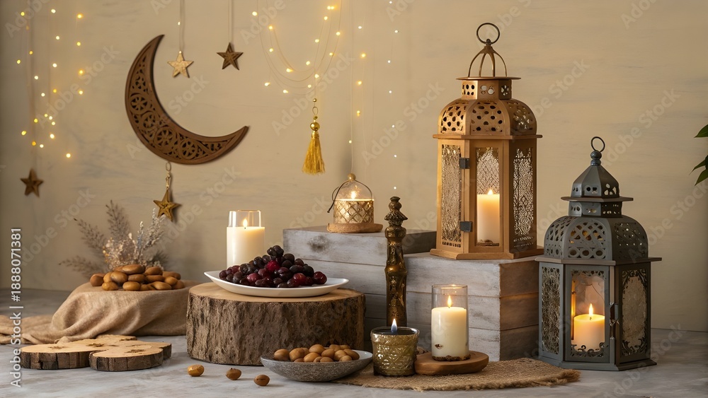 Obraz premium Ramadan Iftar Table Setting with Dates Lanterns and Crescent Moon Decoration.