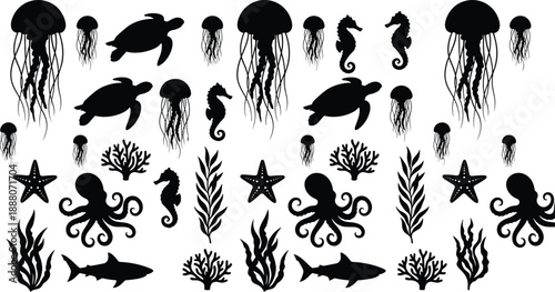 Marine life silhouettes collection, ocean animals and plants set, jellyfish turtle octopus seahorse shark icons, underwater nature theme, black vector illustration