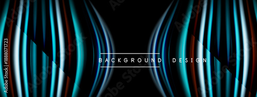 Abstract neon lines create dynamic curves, flowing shapes. Dark background emphasizes vibrant blue, white, orange gradients. Modern design element.