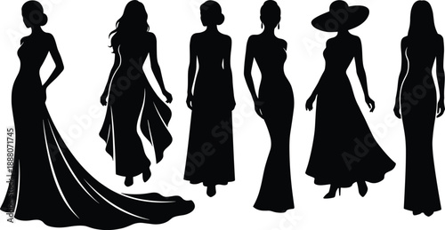 Elegant female fashion silhouettes, women wearing long evening gowns, luxury couture dresses collection, graceful poses, stylish beauty concept, black vector illustration