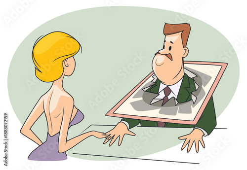 Man with torn painting on his head.