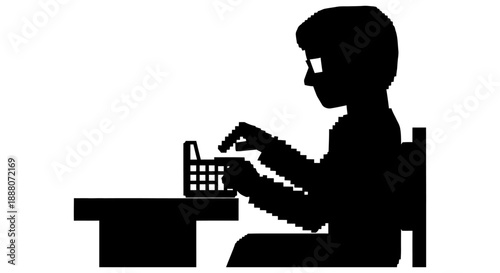pixelated programmer typing on retro 8-bit computer at desk symbolizing digital technology coding and nostalgic software.