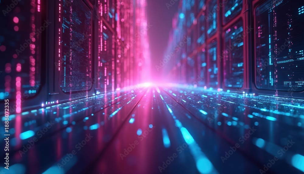 Fototapeta premium Digital abstract tunnel with glowing pink and blue lights. Data streams flow forward on a futuristic server room floor. Cyberspace network perspective.