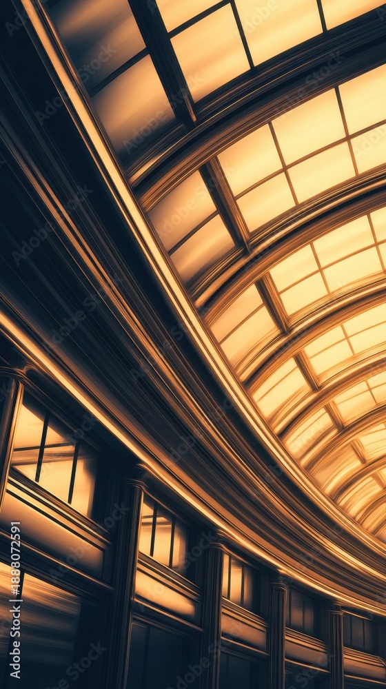 Fototapeta premium A curved glass corridor lit in amber tones, with arching metal beams and panels forming a futuristic lane ahead