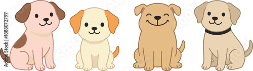 Cute cartoon puppy dogs set sitting in a row, adorable vector illustration of different breeds isolated on white background for pet design lovers