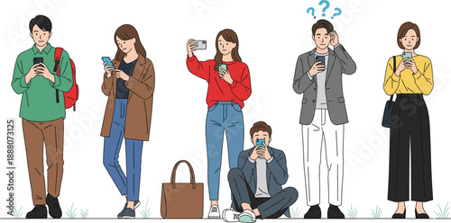 People using smartphones illustration set showing social media use, messaging, confusion, addiction, and digital lifestyle behaviors in modern flat vector style