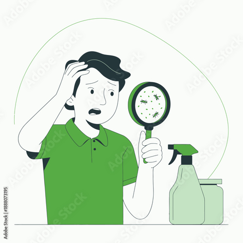 Man with Magnifying Glass Observing Insects and Holding Spray Bottle