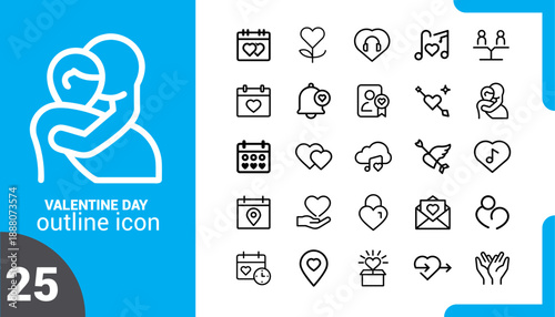 25 Valentine Day and Romantic Love Line Icons Set for Wedding Invitation and UI Design