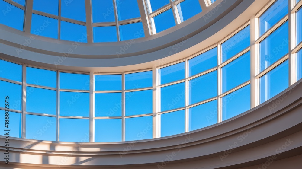 Fototapeta premium Curved glass skylight arches over a grid of panes, blue sky peeks through, sunlight casting soft shadows. glow