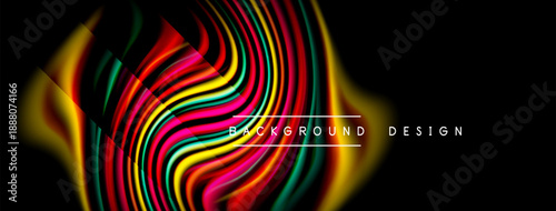Abstract vibrant lines create dynamic colorful wave pattern. Dark background emphasizes bright design elements. Modern aesthetic.