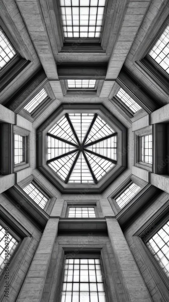 Naklejka premium A grand interior atrium with a glass octagonal skylight, stone arches, and precise geometric symmetry Balanced