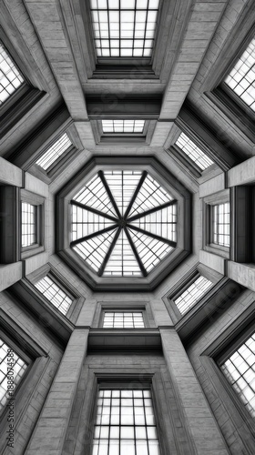 A grand interior atrium with a glass octagonal skylight, stone arches, and precise geometric symmetry Balanced