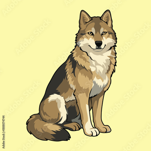 Sitting Brown Wolf in Flat Design Vector Illustration