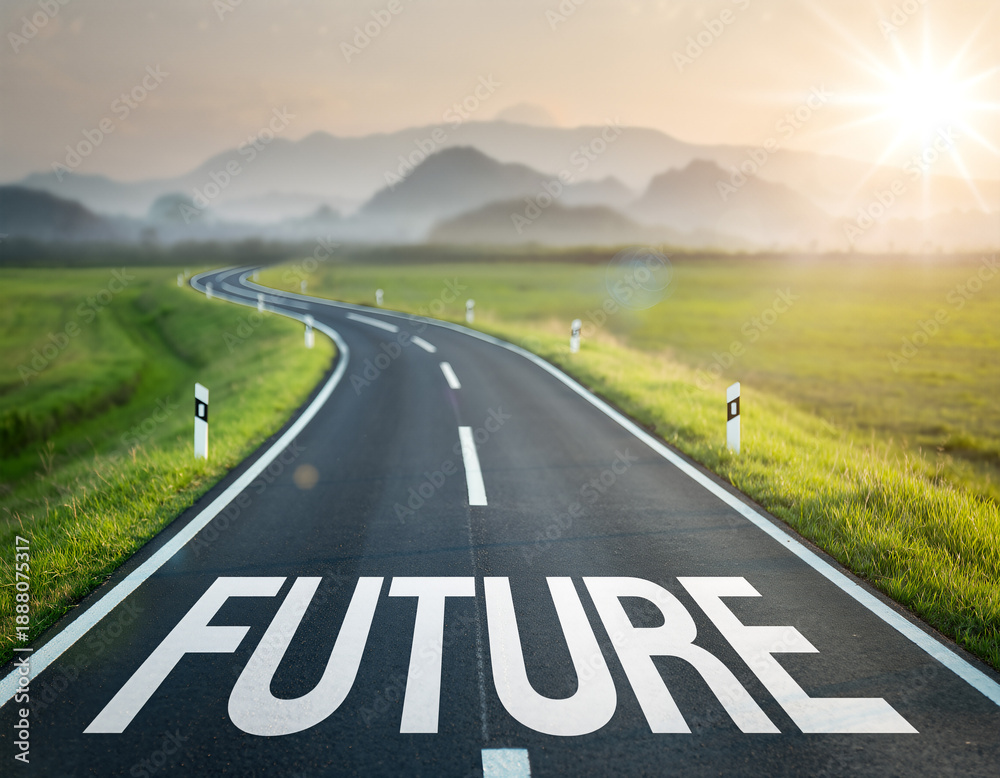 Naklejka premium Long winding road leads toward distant mountains with the word future painted on the pavement during morning light