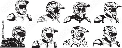 Set of motocross rider helmets and protective gear in black and white illustration