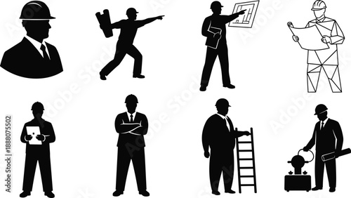 Black and white vector illustration of construction and engineering professionals in various roles including planning, supervision, inspection, and technical fieldwork with tools and blueprints.