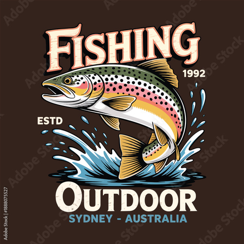 Vintage Fishing Outdoor Sydney Australia Trout Fish Leaping Illustration
